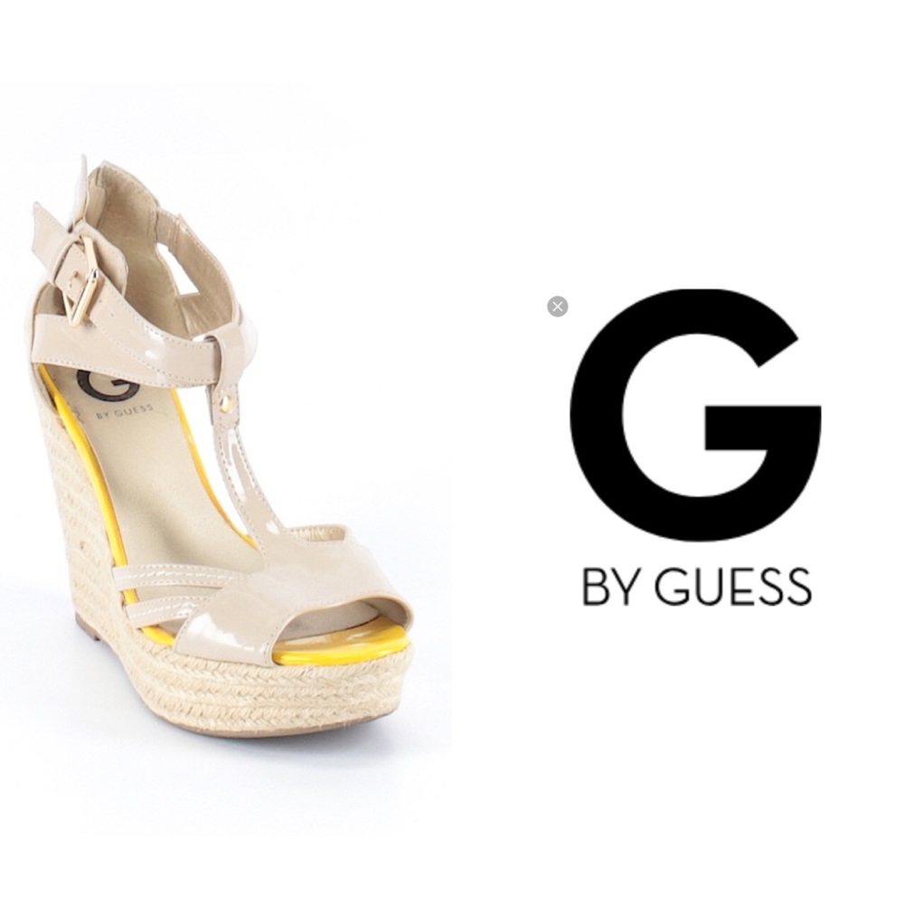 G by Guess Nude And Yellow Wedge Sandals NWOT 9M